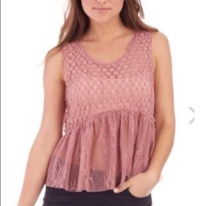 Free People Park Slope Babydoll Sheer Lace Tank in Rustic Rose Pink